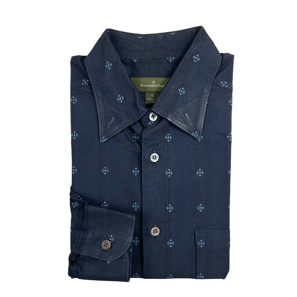 Ermenegildo Zegna Blue Diamond Pattern Cotton Mens Button Front Shirt Medium